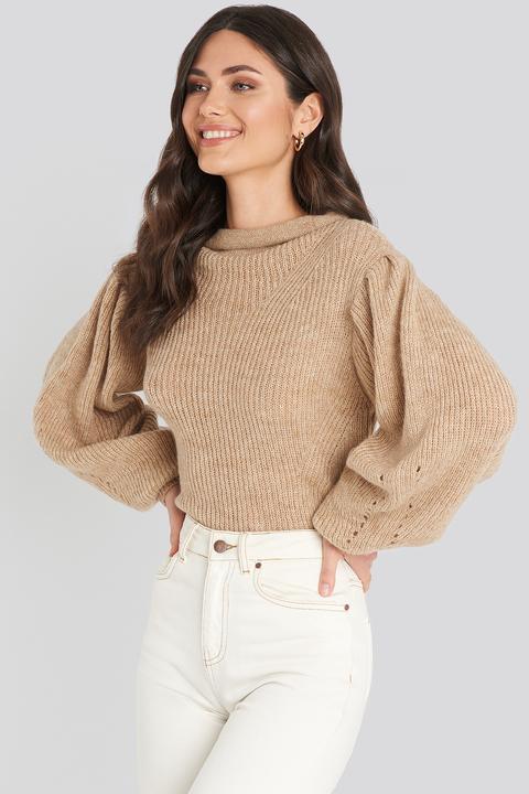 Ribbed High Neck Ballon Sleeve Knitted Sweater Beige
