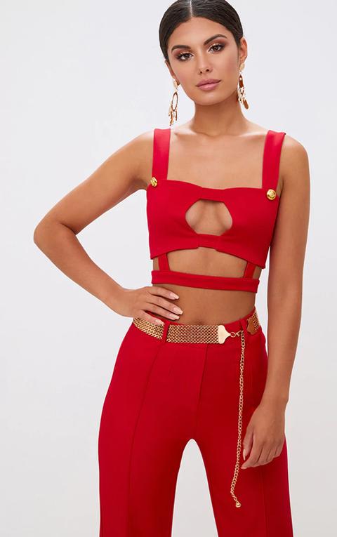 Red Scuba Cut Out Button Detail Bralet, Red