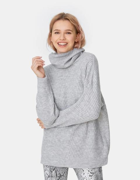 Pullover Strutturato Collo Dolcevita Grigio Melangiato