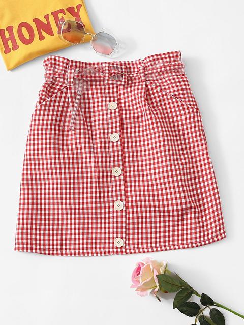 Single Breasted Front Gingham Skirt