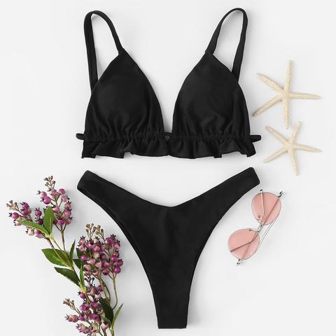 Set Bikini Monocolore Con Bordi Pieghettati