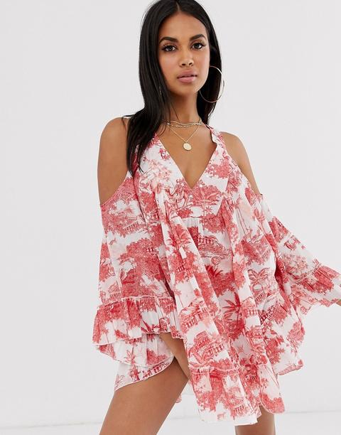 Asos Design - Robe De Plage Épaules Nues À Motifs Chinois Avec Détail Clouté