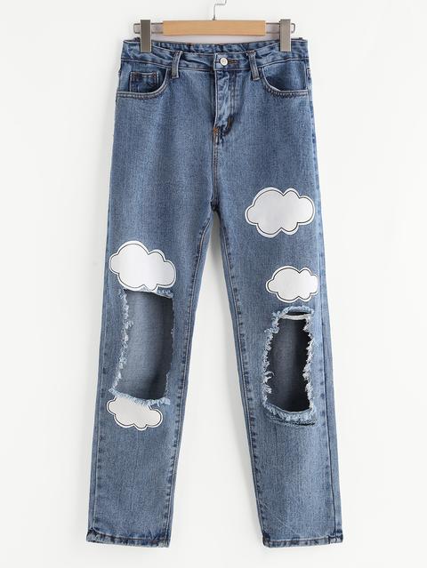 Cloud Print Distressed Jeans