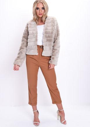 Soft Faux Fur Panel Crop Jacket Beige