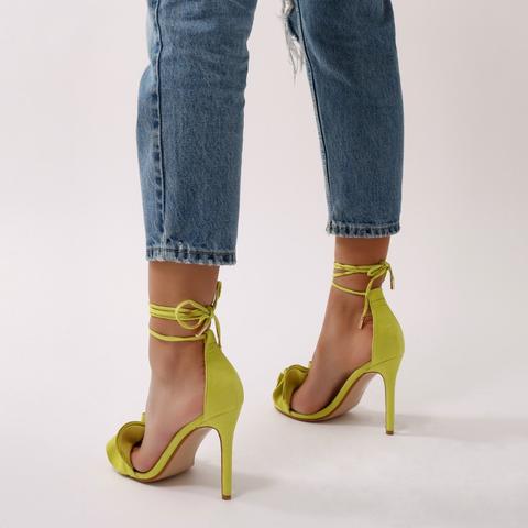 Martelaar zuurstof Markeer Sugar Ruffle Lace Up Barely There Heels In Lime Green Faux Suede from  Public Desire on 21 Buttons