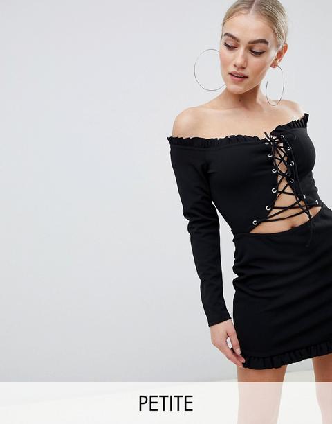 Missguided Petite - Vestito Nero A Fascia Con Spalle Scoperte E Laccetti - Marrone