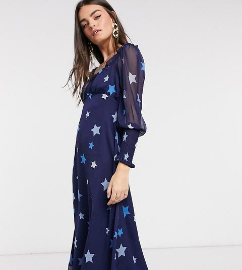 Neon Rose Midi Dress With Sweetheart Neckline In Tonal Star Print-navy