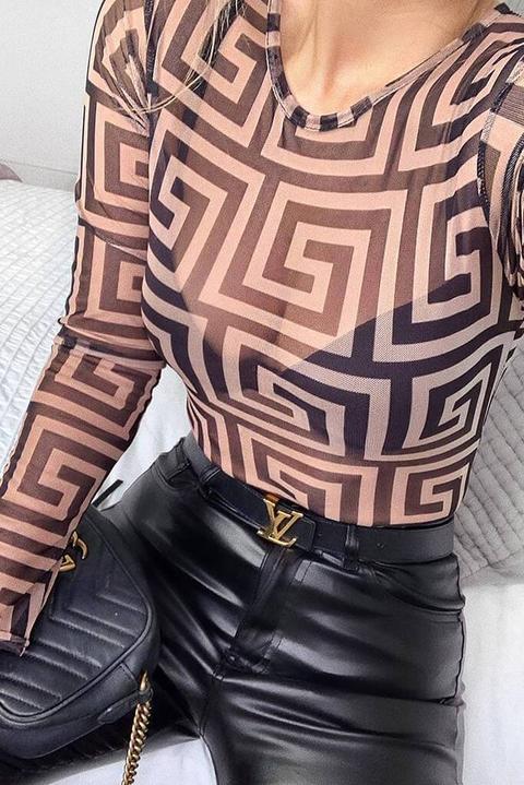 Brown Printed Long Sleeve Mesh Bodysuit