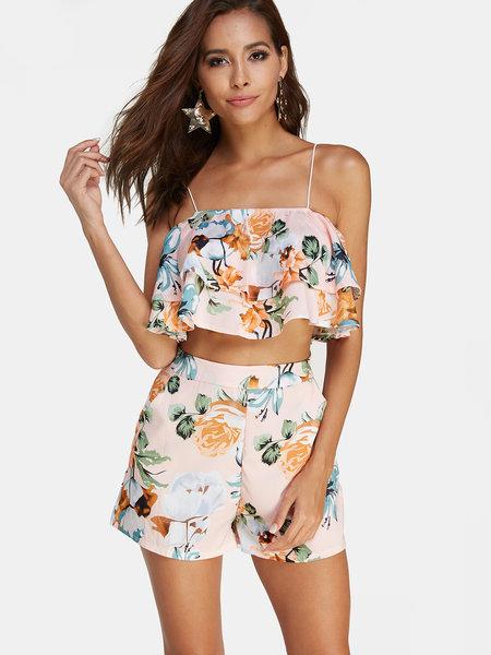 Pink Floral Print Spaghetti Ruffle Detail Vita Alta Co