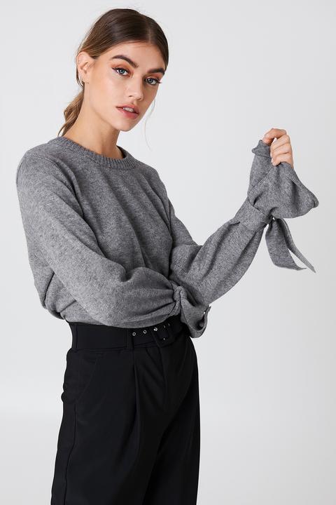 Tied Sleeve Knitted Sweater Grey