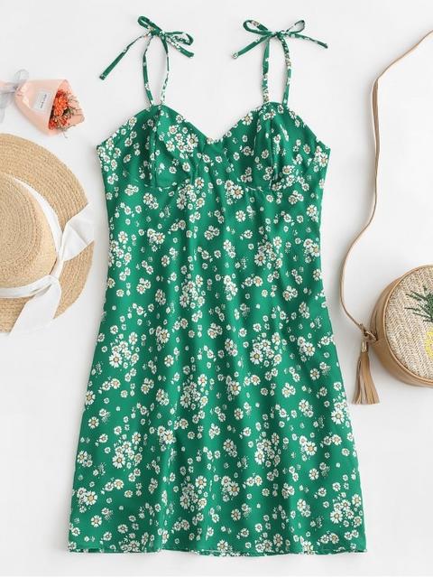 Smocked Back Mini Vestido Floral Green
