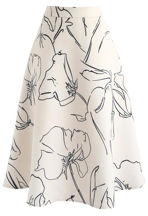 Drawing Blossom A-line Midi Skirt In Cream