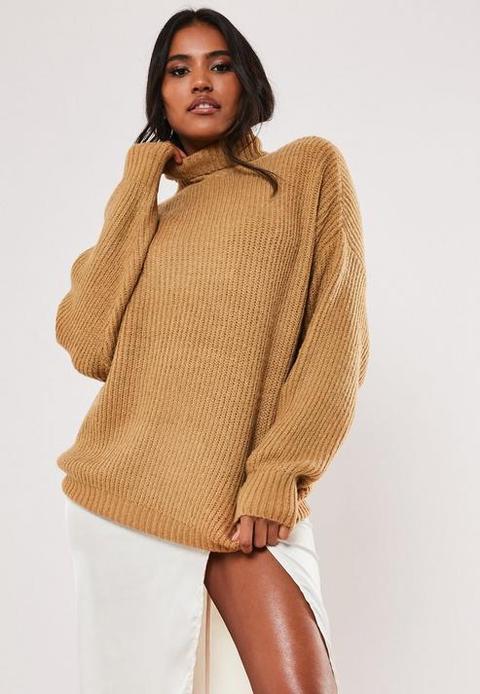 Camel Boyfriend Roll Neck Jumper, Camel