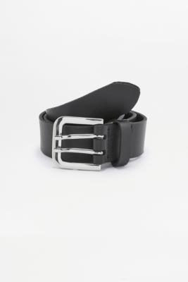 Double Prong Black Leather Belt - Womens M