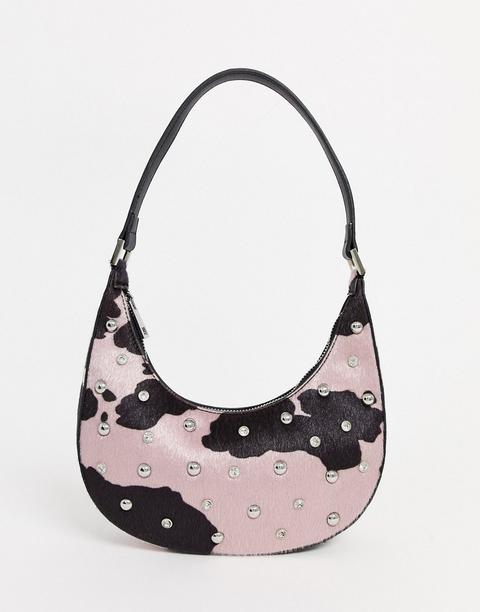 Asos Design 90s Hobo Shoulder Bag In Cow With Diamante Stud Detail-multi