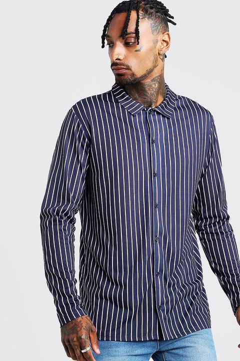 Mens Navy Long Sleeve Stripe Shirt, Navy