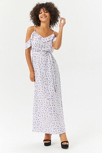 Forever 21 Floral Flounce Maxi Dress Cream/blue