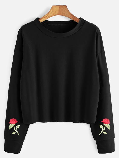 Drop Shoulder Embroidered Raw Hem Sweatshirt