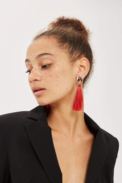 Womens Stud Tassel Drop Earrings - Red, Red