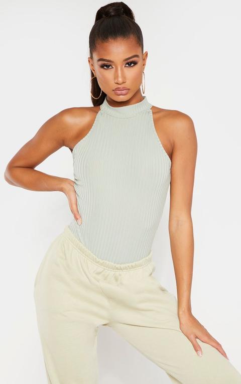 Sage Khaki High Neck Rib Sleeveless Bodysuit