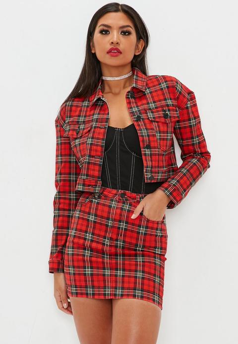 Red Tartan Denim Mini Skirt Co-ord, Red