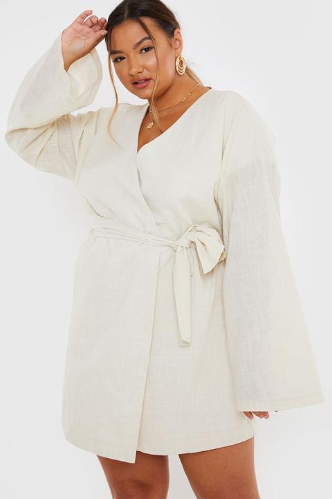 White Dresses - Plus Size Lorna Luxe Off White 'nadia' Linen Look Belted Kimono Wrap Dress