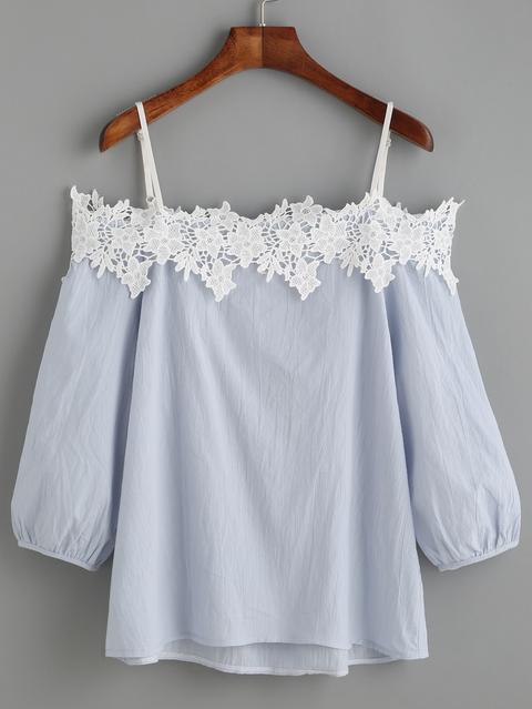 Light Blue Cold Shoulder Appliques Lantern Sleeve Blouse