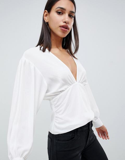 Asos Design - Blusa Con Scollo A V E Maniche Ampie - Bianco