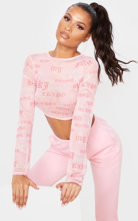 Baby Pink Gothic Text Printed Mesh Crop Top