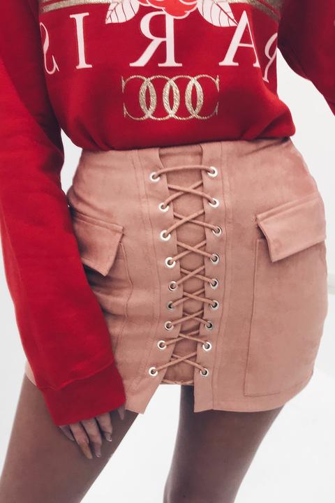 Miranda Nude Suede Lace Up Mini Skirt