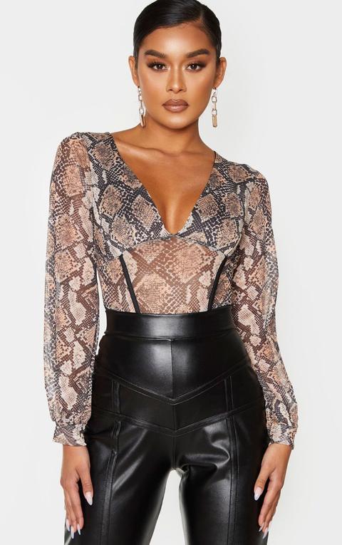 Nude Mesh Snake Print Caged Detail Bodysuit