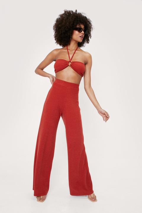 Womens Ribbed O Ring Bandeau And Wide Leg Trousers Set