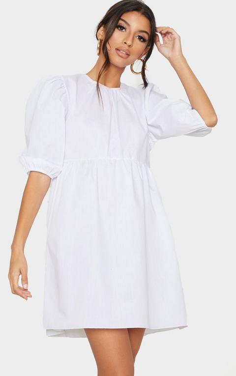 White Ruched Neck Detail Short Sleeve Smock Dress