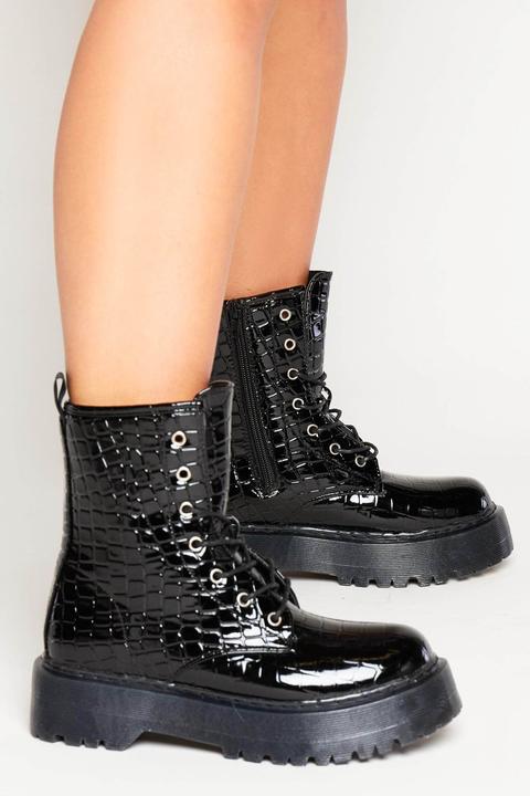 Black Croc Pu Lace Up Hiking Boots