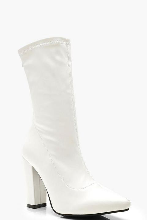 Womens Block Heel Sock Boots - White 