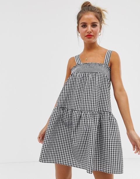 Asos Design Shirred Trapeze Mini Sundress In Gingham