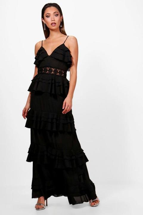 Crochet Waist Ruffle Maxi Dress