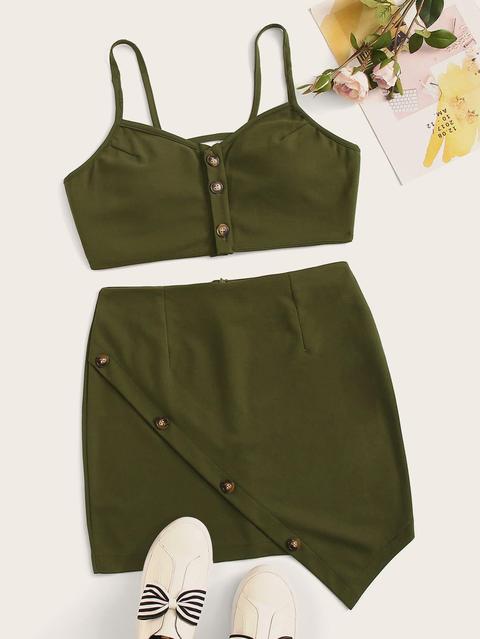 Top De Tirantes Con Botón Delantero Con Falda Con Diseño Cruzado