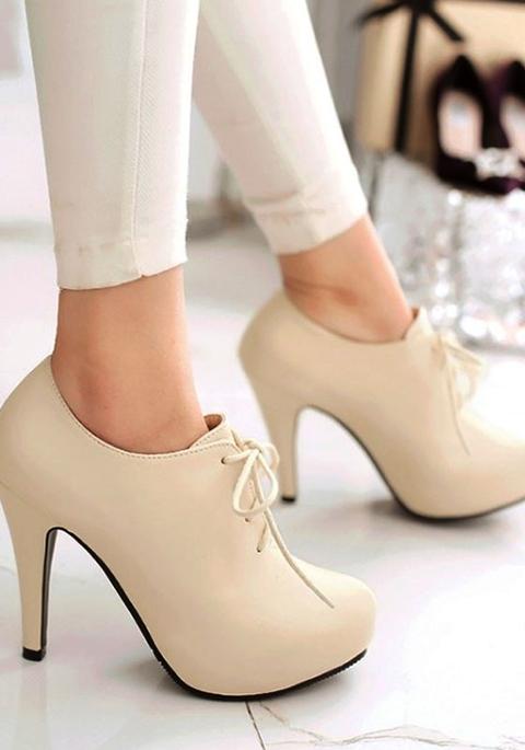 Beige Round Toe Stiletto Casual Lace-up High-heeled Shoes