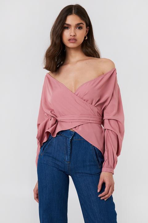 Slip Shoulder Tie Waist Shirt Rosa