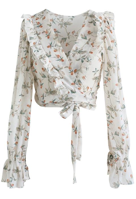 After Sunset Floral Wrap Crop Top In Ivory