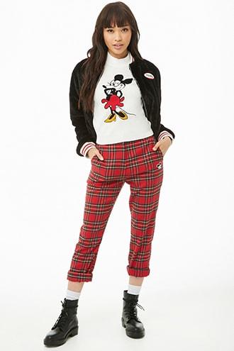 Forever 21 Mickey Mouse Patch Plaid Pants Red/green