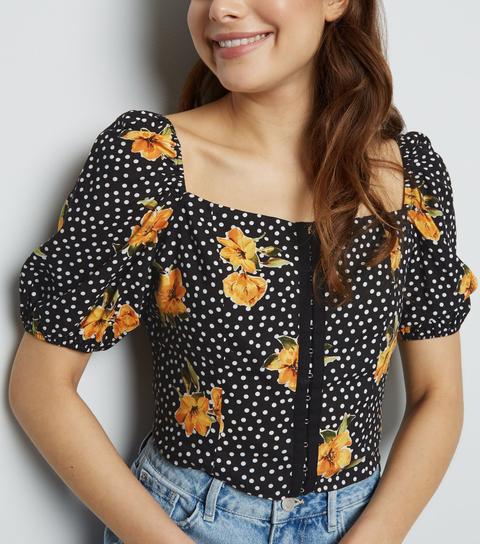 Black Floral Spot Hook And Eye Front Top New Look