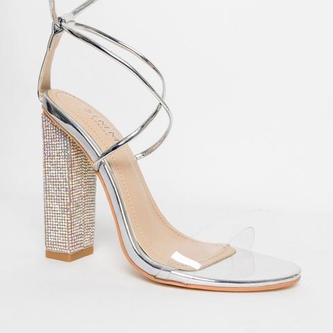 silver lace up block heels