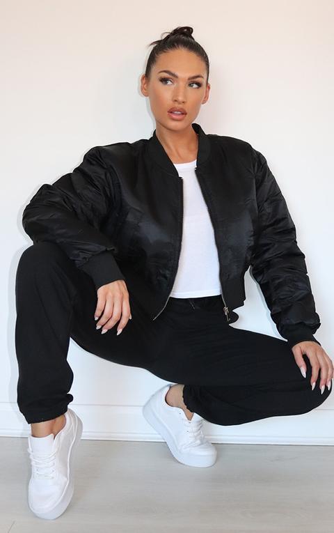 Black Cropped Padded Bomber Jacket
