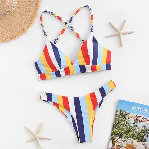 Bikini De Rayas Con Tirantes Trenzados