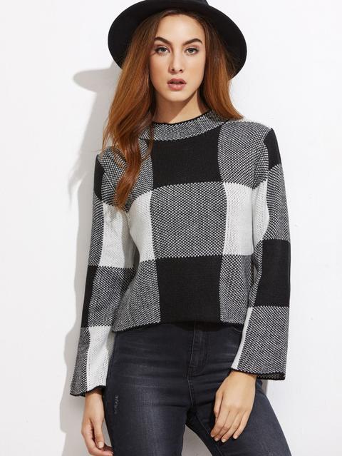 Maglione Ritagliato Scollo Finto A Scacchiere - Nero Bianco