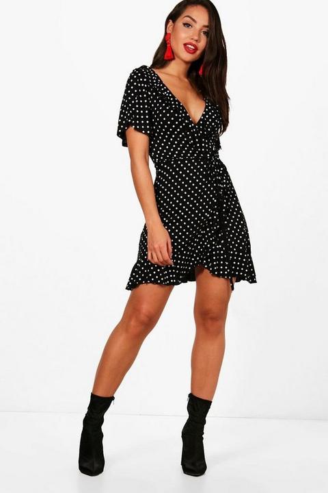 Womens Wrap Polka Dot Print Frill Detail Tea Dress - Black - 8, Black