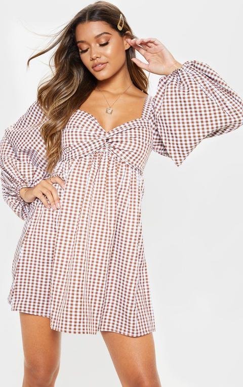 Chocolate Gingham Twist Front Smock Dress