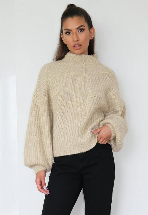 Stone Exposed Seam Front Ribbed Jumper, Stone